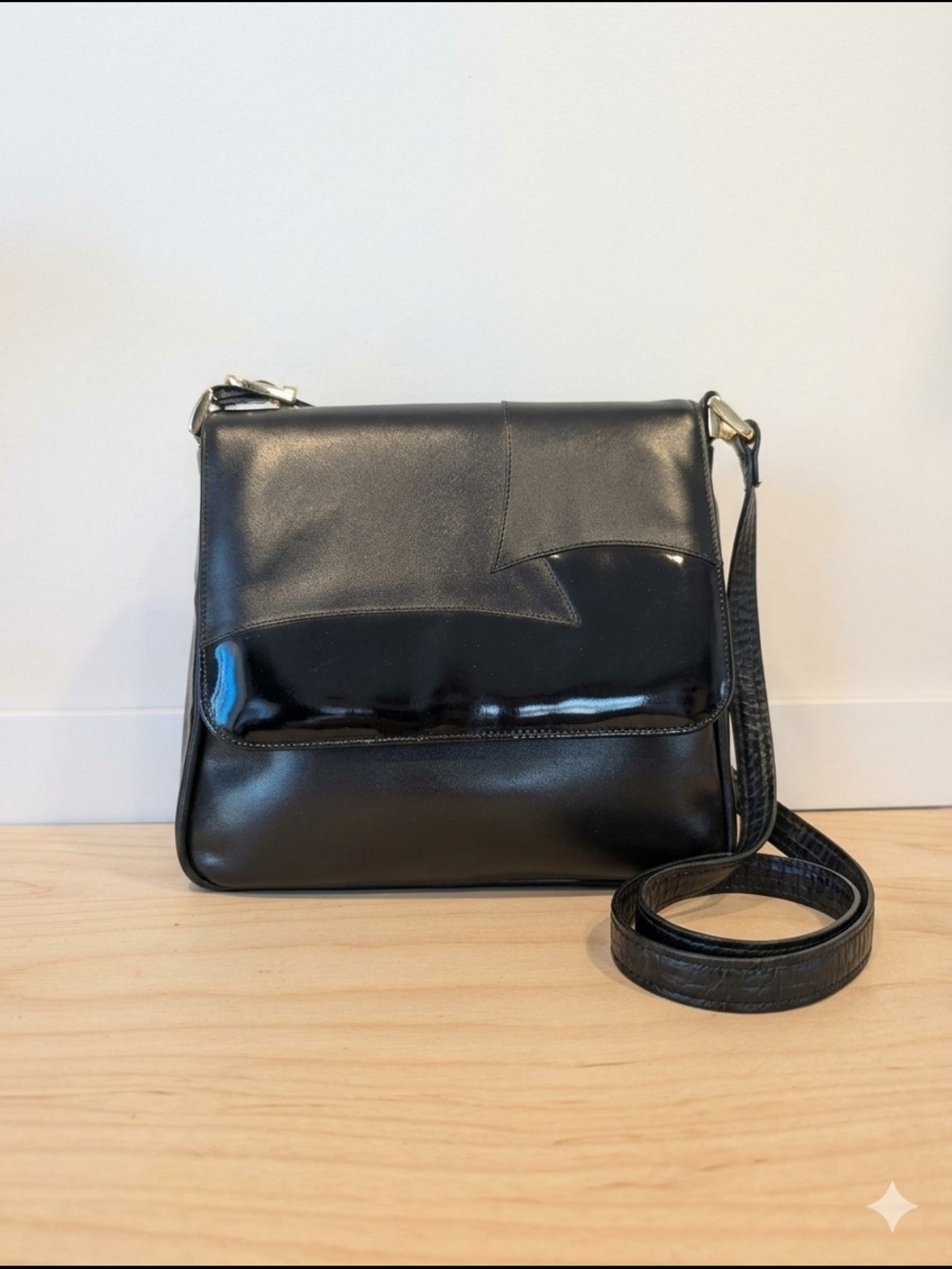 Vintage Naturalizer Black Leather & Patent Flap Shoulder Bag - Made in Canada
